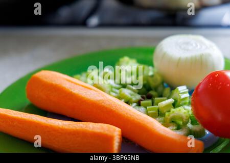 Fresh vegetables are displayed on a green plate, including two peeled carrots, sliced ​​celery stalks, half an onion, and one tomato. Stock Photo