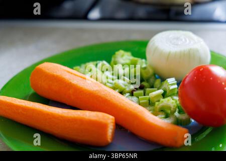 Fresh vegetables are displayed on a green plate, including two peeled carrots, sliced ​​celery stalks, half an onion, and one tomato. Stock Photo