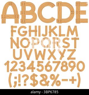 Font, alphabet, letters, numbers and signs from wooden boards. Isolated vector objects on white background. Stock Vector