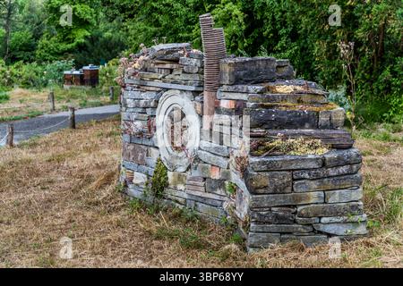 An artistically designed insect hotel wall on the island of Mainau near Constance, Germany. The structure consists of a mixture of natural stones, wooden discs with drilled holes and old bricks. It provides a habitat for various insect species. Flowering houseleeks (Sempervivum) grow on top, complementing the ecological design. Beehives and a garden path can be seen in the background. Konstanz, Baden-Württemberg, Germany Stock Photo