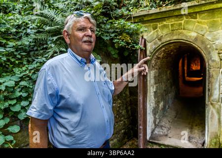 Napoleonmuseum director Dominik Gügel shows the underground wine cellar beneath Arenenberg Castle in Salenstein, Thurgau, Switzerland. A stone archway leads into the dark vaulted passage. Stock Photo