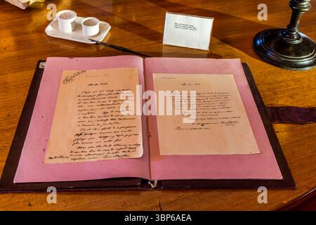 At the Napoleon Museum Arenenberg in Salenstein, Switzerland, handwritten letters from Louis Napoleon (later Emperor Napoleon III) are on display, providing an insight into his youth and his life in this historic place Stock Photo