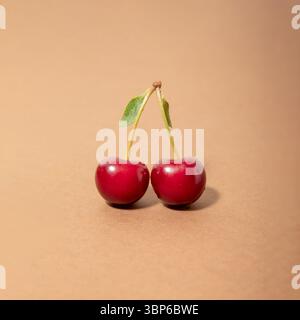 A pair of fresh juicy cherries close-up on a brown background Stock Photo