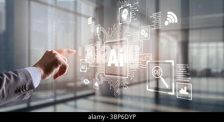Artificial Intelligence Processor Concept. AI Big Data Array on virtual screen. Stock Photo