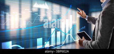3D charts with up arrows, business panel on virtual screen. Stock Photo