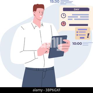 Businessman planning workday. Man using tablet for time management app, makes daily schedule. Office worker, administrator, vector flat character Stock Vector