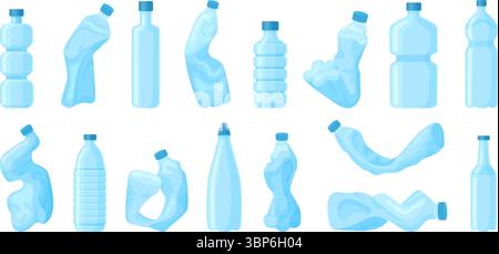 Cartoon crumpled bottles. Plastic trash, crush water containers. Broken and disposable flasks, empty packages for beverages, neoteric vector clipart Stock Vector