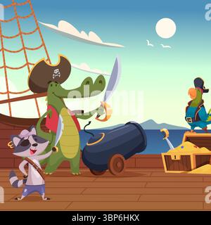 Pirates. cartoon funny animals standing on ship. cartoon background Stock Vector