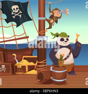 Cartoon pirates. wild animals standing on pirate battleship Stock Vector