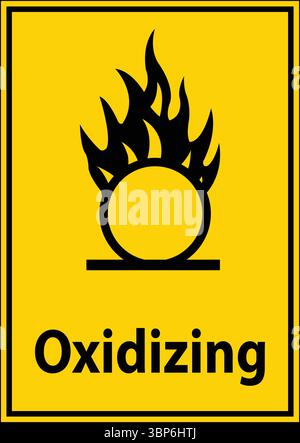 This image features a bold warning sign indicating an oxidizing substance, complete with a flame symbol. The design emphasizes safety in hazardous env Stock Vector