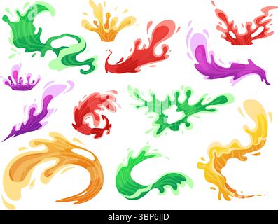 Cartoon juicy splashes. Juice splash vibrant colors, isolated liquid waves. Grape apple orange lemonade, sweet seasonal drinks nowaday vector elements Stock Vector