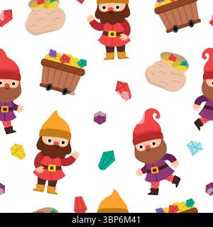 Vector dwarf seamless pattern. Cute gnome repeat background. Fairytale character digital paper. Magic creature texture with garden, mining concept, tr Stock Vector