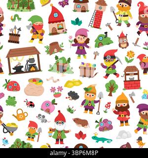 Vector dwarf seamless pattern. Cute gnome repeat background. Fairytale character digital paper. Magic creature texture with garden, mining, blacksmith Stock Vector