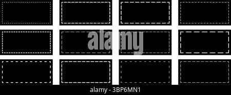 Set of black rectangle shapes with dashed lines. Dotted geometric figures isolated on white background. Cut here pictograms for paper sale coupons or price tags. Vector graphic illustration. Stock Vector