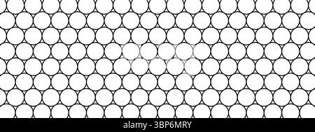 Repeated round shapes pattern. Black circles on white background. Mosaic holey texture. Wire, fence, fishing net, cage or lattice structure. Abstract geometric print. Vector graphic illustration. Stock Vector