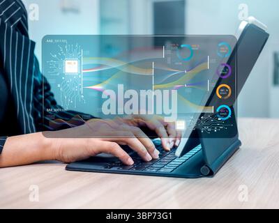 AI data analysis, software engineering background concept. Digital interface chart screen showing with business person work with tablet or laptop comp Stock Photo