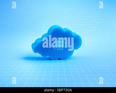 AI cloud computing infrastructure technology, digital data system storage service concept. AI chip icon on 3d cloud with binary code hologram and netw Stock Photo
