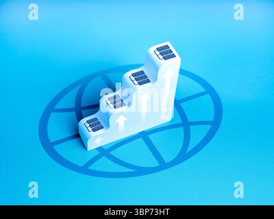 AI Data center growth, increased demand for digital infrastructure, and smart applications concept. Data center icon on white stairs graph with rise u Stock Photo