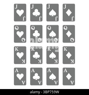 Playing cards deck vector icon set. Queen, jack, king and ace suits icons. Stock Vector