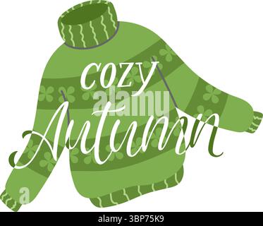 Cozy, hand knit sweater with a text Cozy Autumn, perfect for autumn or winter themed designs. Stock Vector