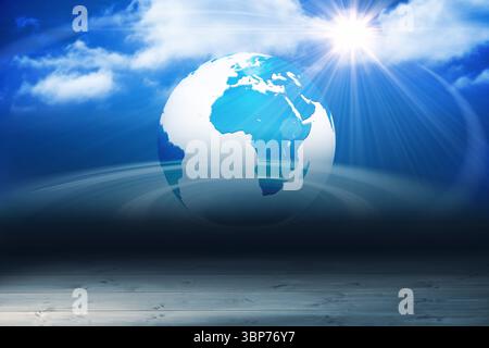 Flat design translucent globe showing Africa and Europe is hovering over wooden stage with sunbeams Stock Photo