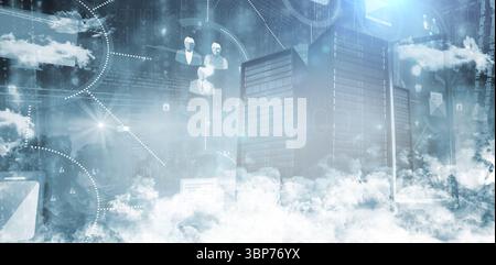 Cluster of server racks is rising from clouds in flat design, with cloud symbols, avatar icons Stock Photo