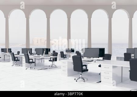 Flat design office is showing white workstations and black chairs under columns opening to sea view Stock Photo