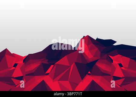 Displaying low-poly jagged terrain peaks rising in red and purple against gray gradient background Stock Photo