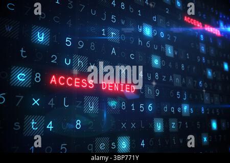 Red ACCESS DENIED text is appearing in flat digital UI with alphanumeric grid and glitch effects Stock Photo