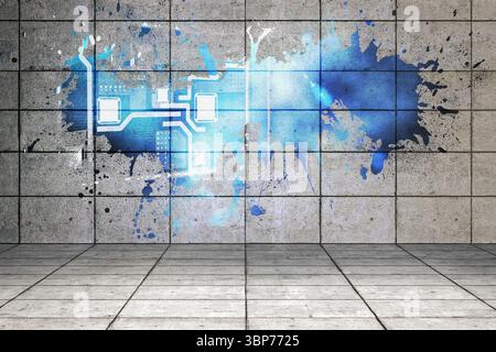 Splash on wall revealing technology interface Stock Photo