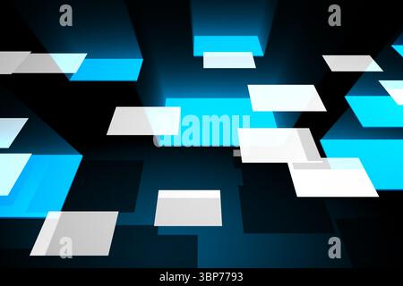 Floating translucent white and cyan panels are creating holographic grid in dark gradient 3D render Stock Photo