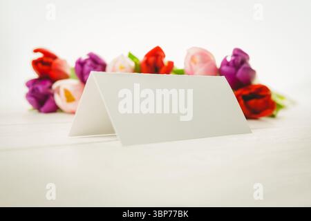 Flat design is featuring blank tent card on white tabletop with blurred red purple pink tulips Stock Photo