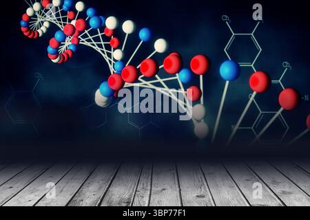 Stylized 3D DNA helix is floating with multicolor spheres over wooden floor with molecular formulas Stock Photo