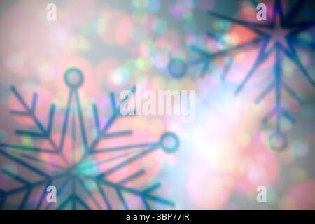 Pastel digital design is showcasing blue snowflake outlines over multicolor soft-focus bokeh lights Stock Photo