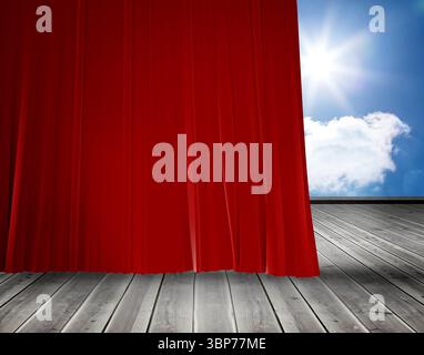 Flat design is showing red stage curtain drawing aside over wooden planks and sunlit cloudy sky Stock Photo