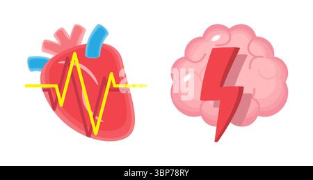 Heart with ECG and Brain with thunderbolt . CPR and first aid emergency rescue concept . Isolated on white background . Vector . Stock Vector