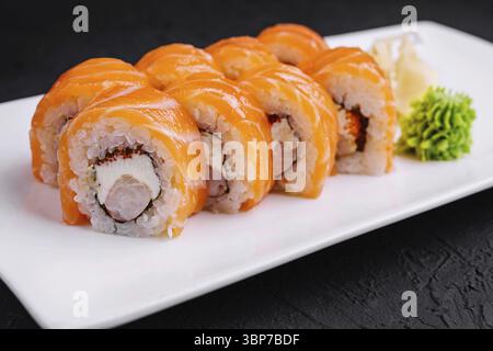 Food, Sushi roll philadelphia with salmon and shrimps Stock Photo