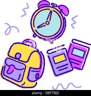 playful education illustration, back to school concept flat outline alarm bag and books handdrawn style Stock Vector