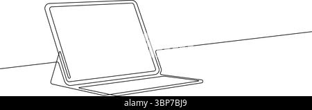 digital tablet computer with keyboard case workplace one line drawing continuous handdrawn minimalist copy space Stock Vector