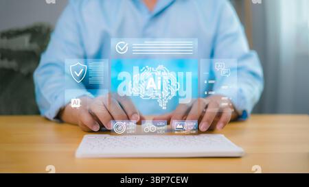 Businessman using keyboard with virtual AI interface, artificial intelligence technology for data processing, automation, and innovation concept. Stock Photo