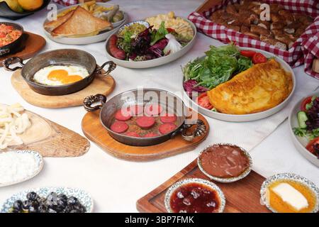 Delicious traditional turkish breakfast spread on a table Stock Photo