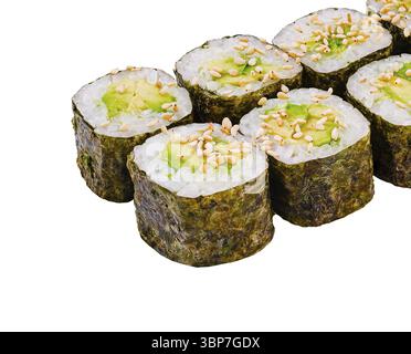 Food, Eight avocado maki sushi rolls standing in a row are covered with sesame seeds Stock Photo