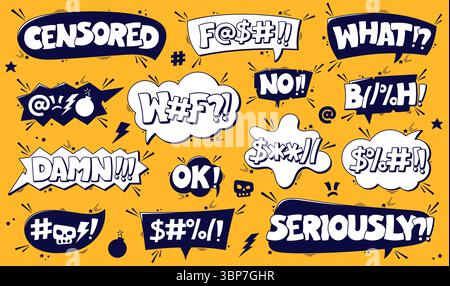 Set of black and white swear speech bubbles on a bright yellow background with dark details around. Stock Vector