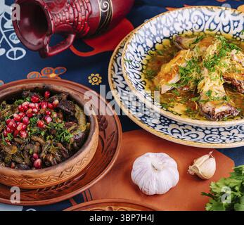 Food, Variety of colorful middle eastern dishes served on a vibrant tablecloth Stock Photo