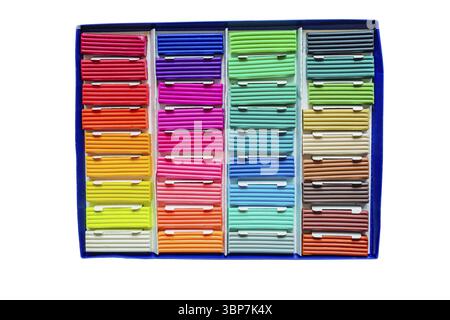 Modeling clay. Multicolored plasticine bars in a box isolated on white background Stock Photo