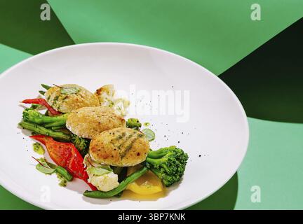 Food, A vibrant dish features a colorful arrangement of fresh vegetables including broccoli, bell peppers, and tomatoes, paired with baked goods on a Stock Photo