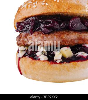 Food, Freshly made burger with blue cheese and cherry sauce isolated on a white background Stock Photo