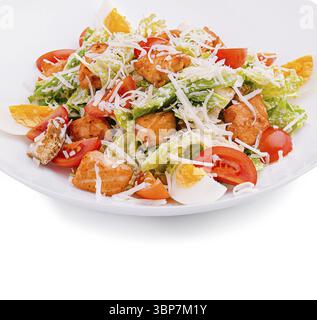 Food, A colorful salad features crispy lettuce, tender chicken pieces, ripe tomatoes, and sliced boiled eggs, topped with grated cheese, showcasing a Stock Photo