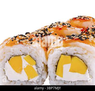 Food, Uramaki sushi rolls with shrimp, mango, cream cheese and sesame seeds on top on white background Stock Photo
