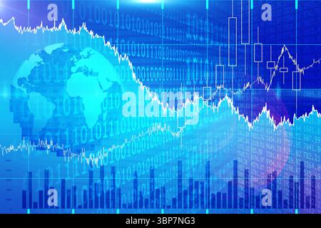Digital illustration featuring financial line bar and candlestick charts and binary code over globe Stock Photo